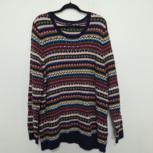 Talbots Multicolor Wool Blend Beaded Retro Nordic Stripe Knit Sweater Size 3X - Picture 1 of 12